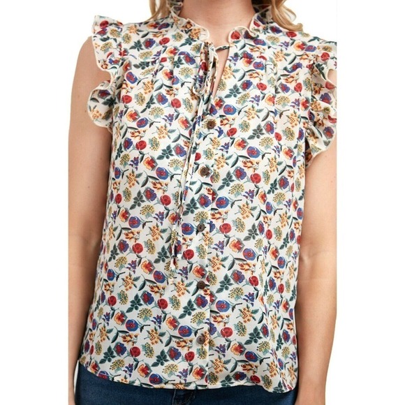 Floral Print Short Sleeve Button Up Blouse w Cap Sleeves Size Small - Hey Viv - Picture 3 of 4